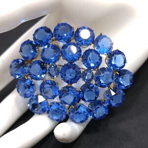 Vintage Czech Blue Glass Brooch Art Deco Open Back Rhinestones 1940s